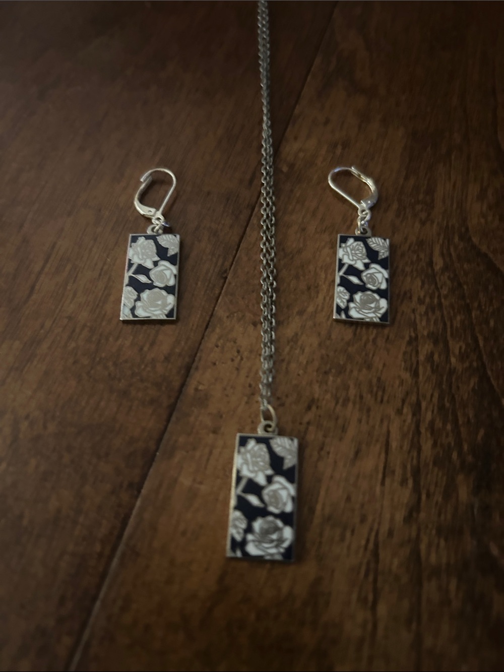 Navy Floral Rectangle Drop Earrings